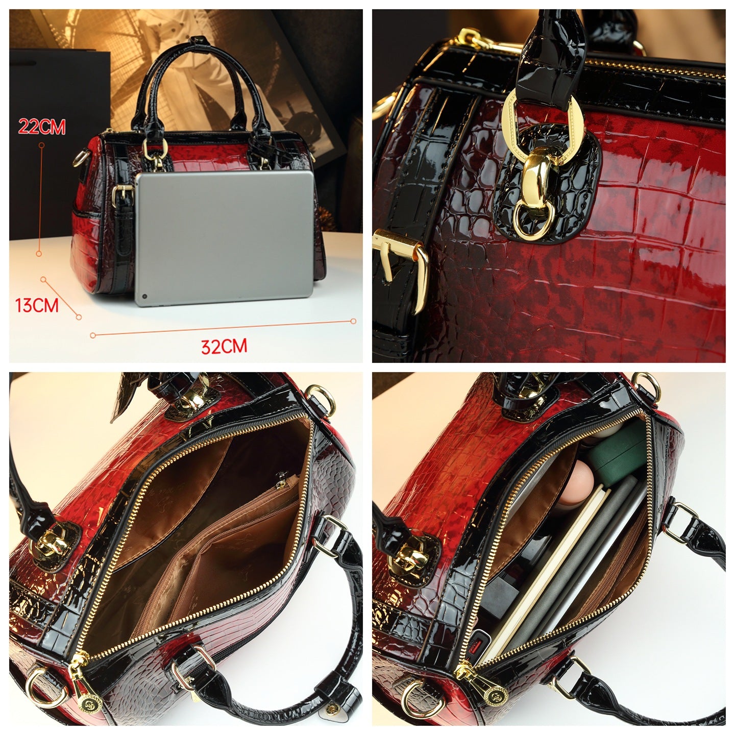 New Arrival Croc-Effect Genuine Leather Boston Pillow Bag for Women, A Large Capacity Top-Handle Handbag with Fashionable Design, Perfect for Moms