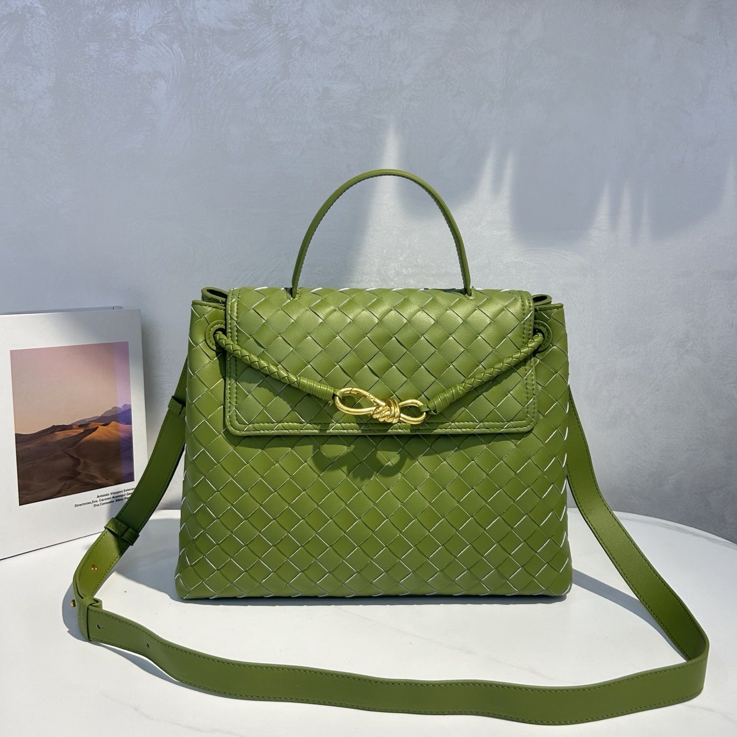 Genuine Leather Woven Tote with Butterfly Gold Buckle Flap, Large Commuter Shoulder & Crossbody Bag for Women