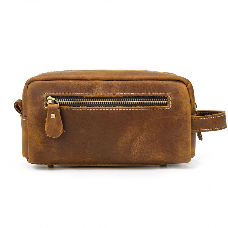 Crazy Horse Leather Toiletry Travel Clutch, Casual Cosmetic Storage Bag, Versatile Organizer Pouch for Men and Women