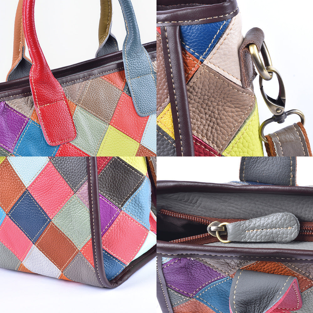 Genuine Cowhide Plaid Color Block Patchwork Handbag for Women, Handmade Top Handle Shoulder Crossbody Purse, Designer Leather Bag for Ladies