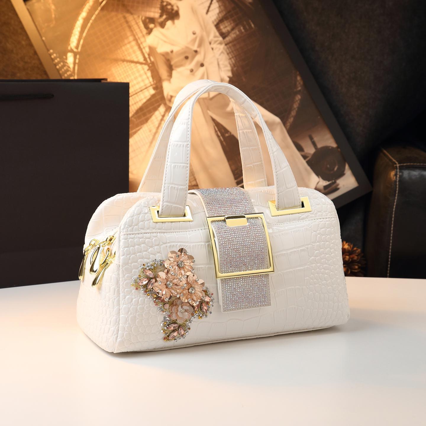 New Arrival Croc-Effect Boston Pillow Bag for Women, A Fashionable Shoulder Crossbody Top-Handle Handbag with Versatile Design, Perfect for Moms