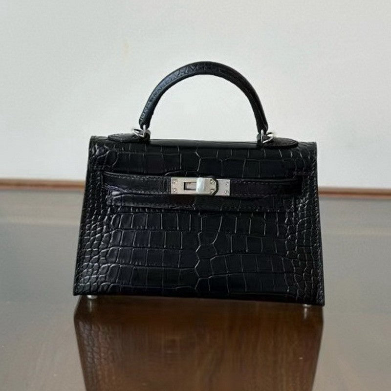 Genuine Leather High-Gloss Crocodile-Embossed Kelly-Style Bag for Women, New 2nd Gen Mini Top Handle Shoulder Purse, Premium Handbag for Ladies