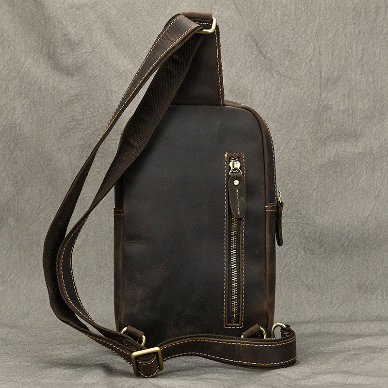 Crazy Horse Leather Minimalist Chest Bag, Casual Crossbody Shoulder Pouch, Outdoor Commute Bag for Men