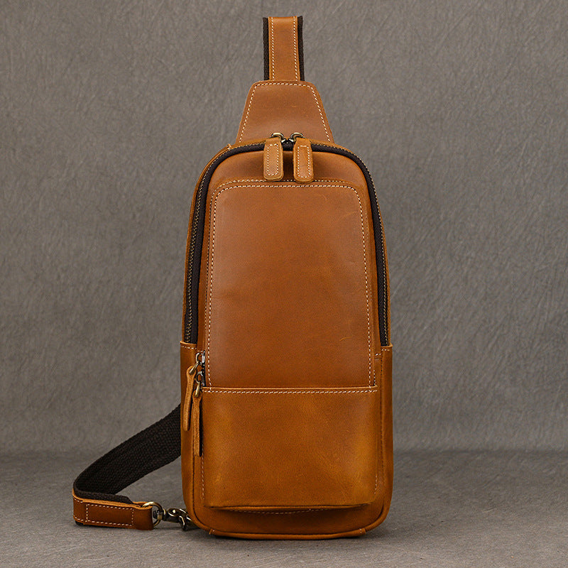Crazy Horse Leather Minimalist Chest Bag, Casual Crossbody Shoulder Pouch, Outdoor Commute Bag for Men