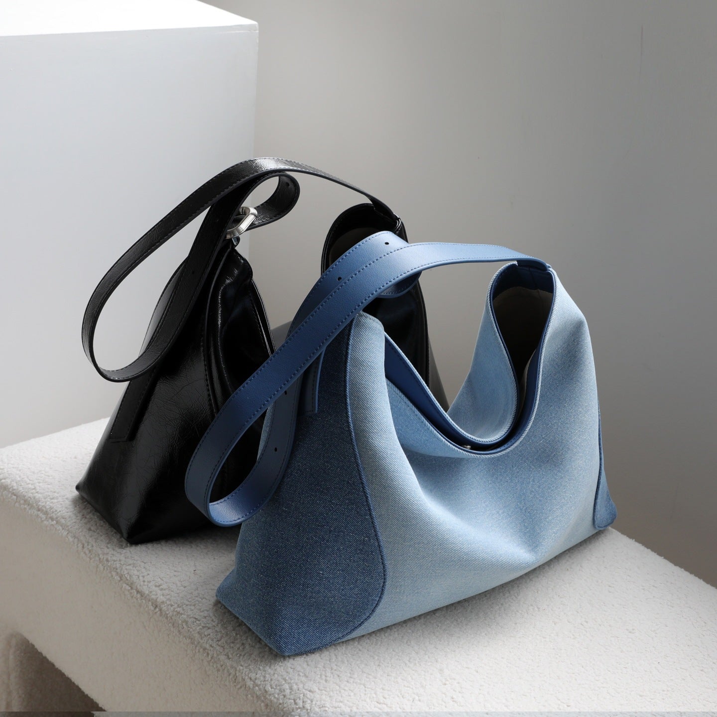 Denim and Genuine Leather Slouchy Tote Bag for Women Large Capacity Shoulder Crossbody Handbag, Premium Niche Purse with Minimalist Style