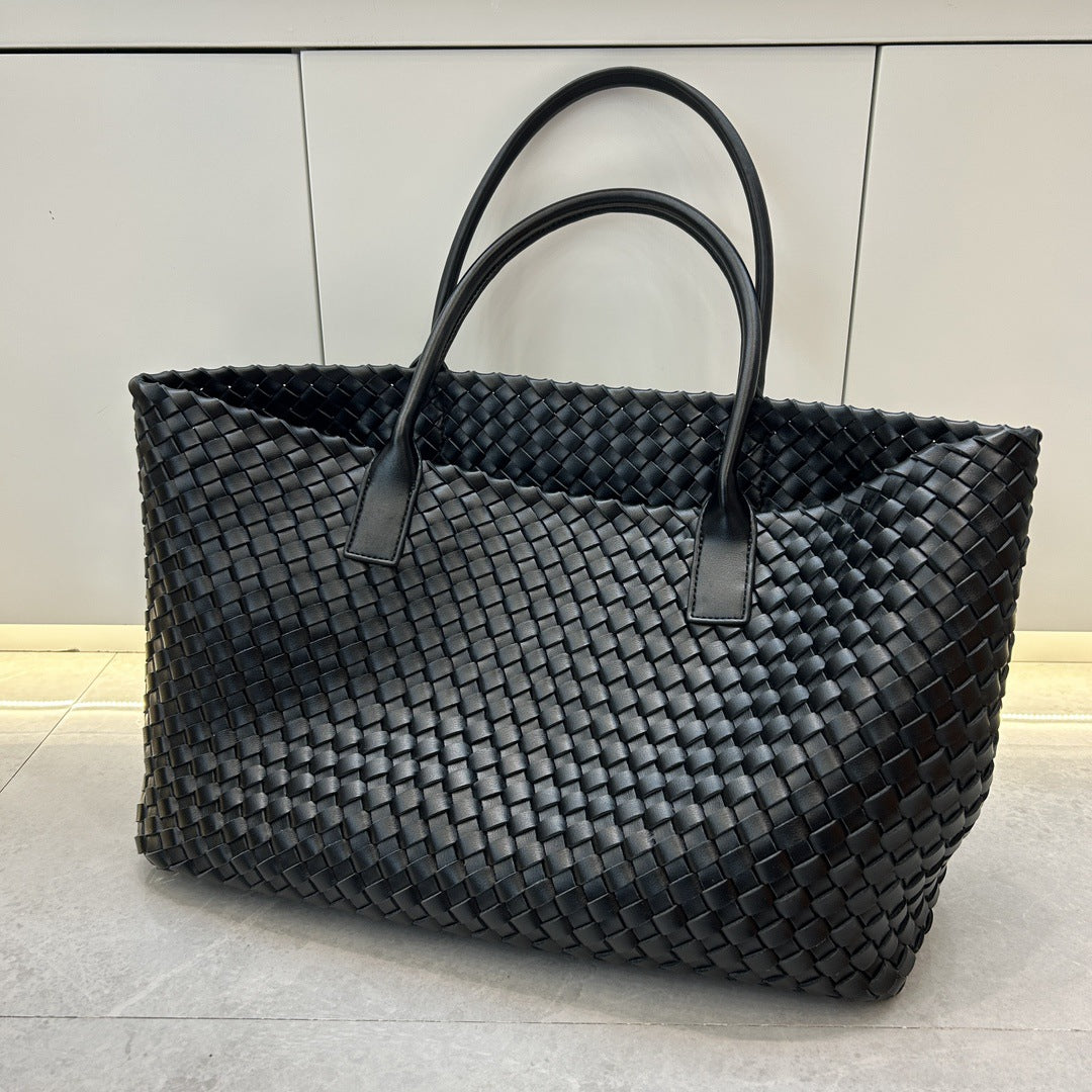 Leather woven vegetable basket cowhide tote large capacity underarm hand bag female