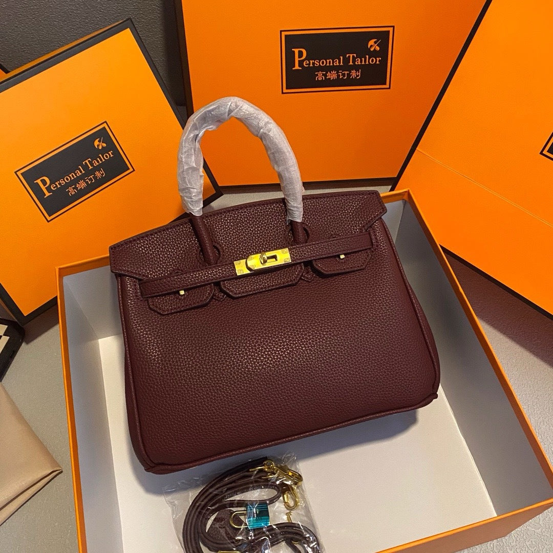 Genuine Pebbled Leather Birkin-Style Gold Hardware Large Capacity Handbag for Women, European Fashion Top Handle Purse, Trendy Casual Tote Bag for Ladies