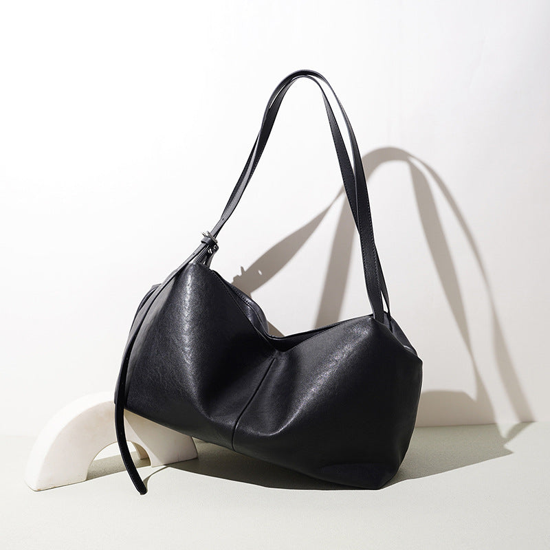 Genuine Leather Niche Tote Bag for Women, Minimalist Versatile Shoulder Top Handle Purse, Large Capacity Casual Commute Handbag for Ladies