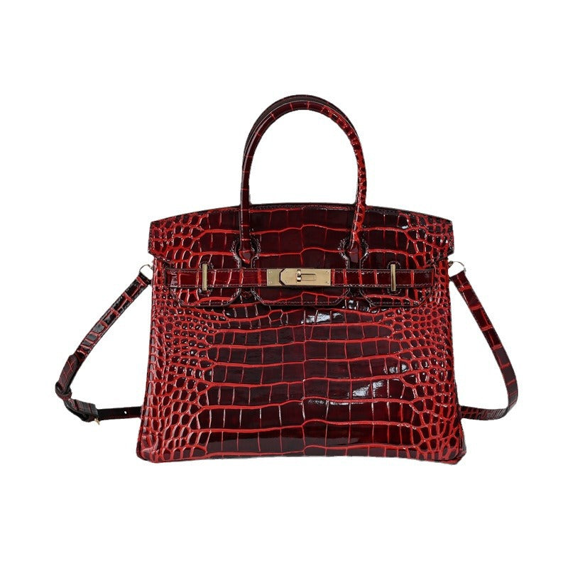 New Genuine Leather Handbag for Women Premium Crocodile Embossed Cowhide Birkin Style Large Capacity Tote