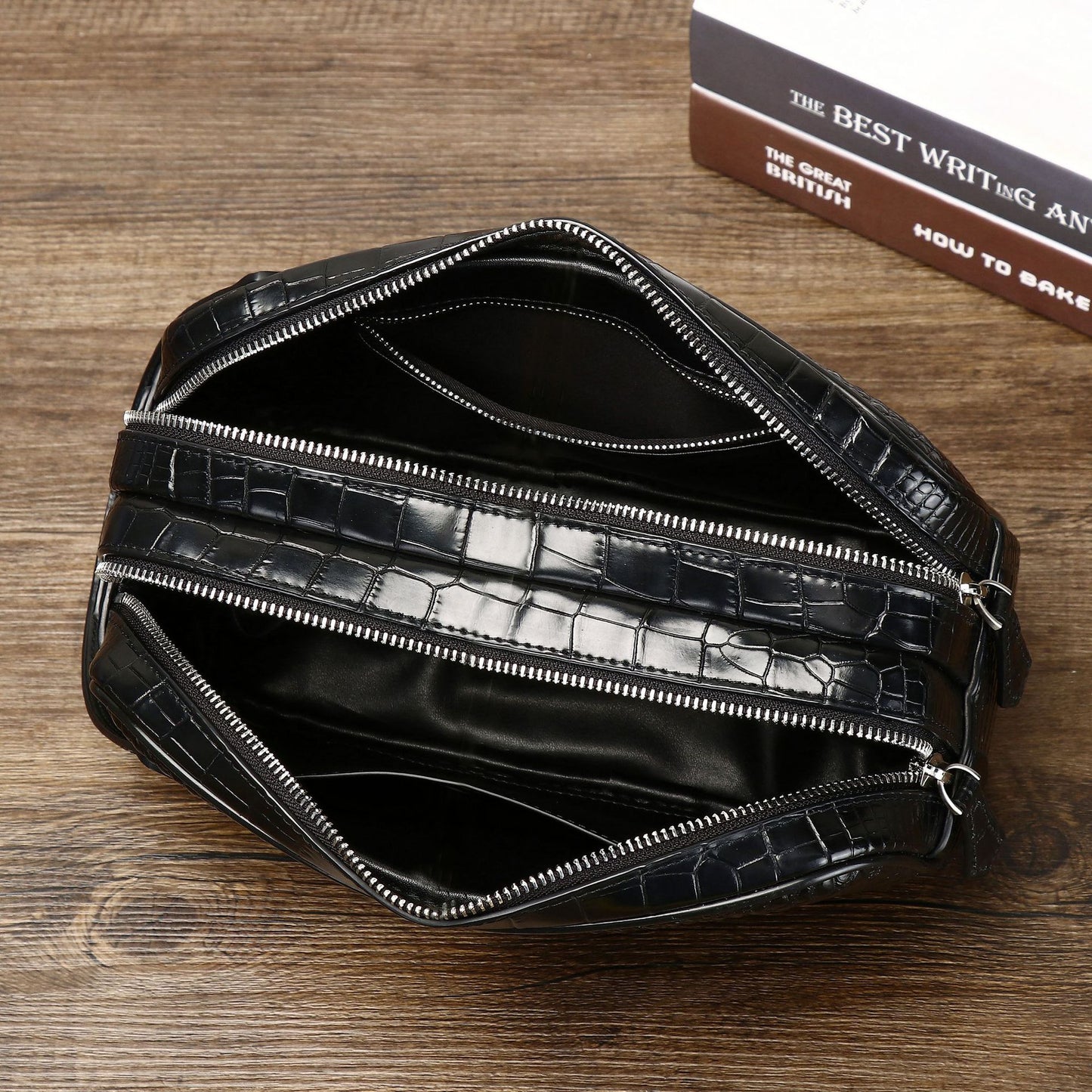 New Arrival Croc-Effect Double-Zip Executive Bag for Men, A Large Minimalist Top-Handle Clutch with Urban Simple Design, Perfect for Business & Daily Use