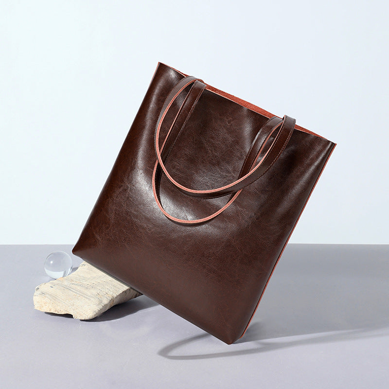 Waxed Cowhide Tote Bag for Women Large Capacity Practical Shoulder Handbag, Versatile Commuter Purse with Rich Leather Texture