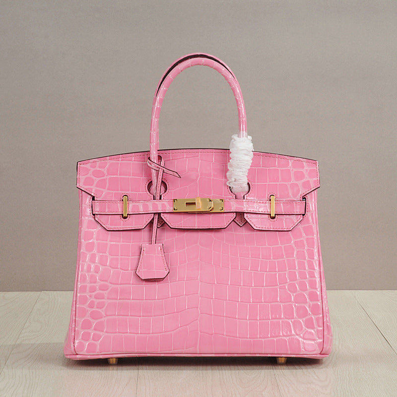 Genuine Leather Crocodile-Embossed Birkin-Style Bag for Women, New Large Capacity Commute Top Handle Shoulder Crossbody Purse, Fashionable Versatile Handbag for Ladies