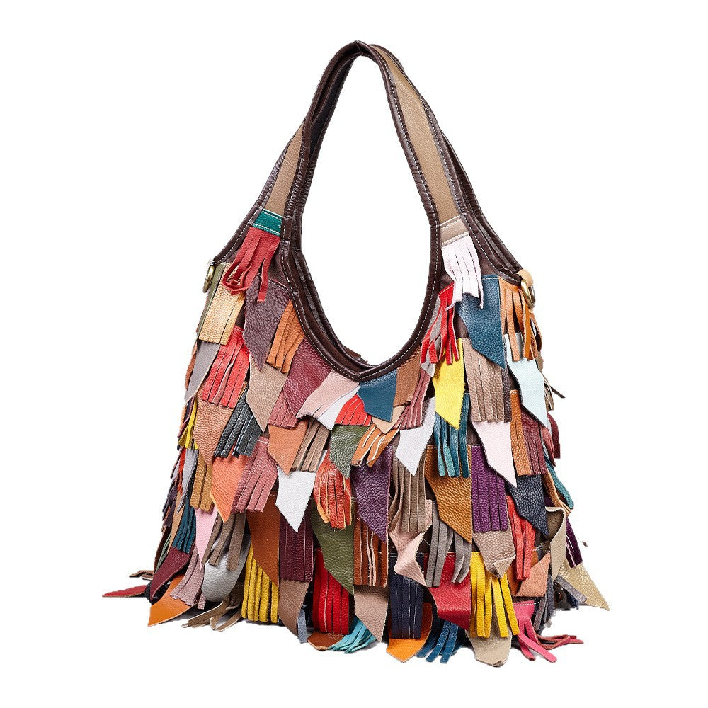 Premium Top-Layer Cowhide Leather Forest-Style Bag for Women | Colorful Tassel Color-Block Shoulder Cross-Body Handbag with Unique Artistic Flair | Trendy Bohemian Purse for Everyday Chic, Travel & Casual Outings | Statement Accessory with Vibrant Fr