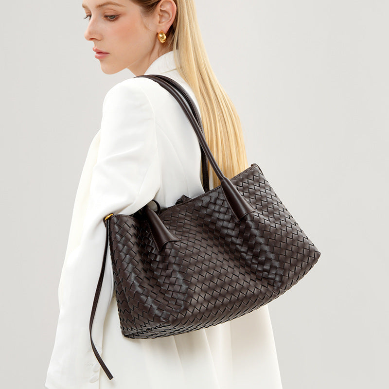 Genuine Cowhide Handwoven Underarm Shoulder Bag for Women, New Cross-Border Versatile Casual Top Handle Tote, Large Capacity Everyday Purse for Ladies