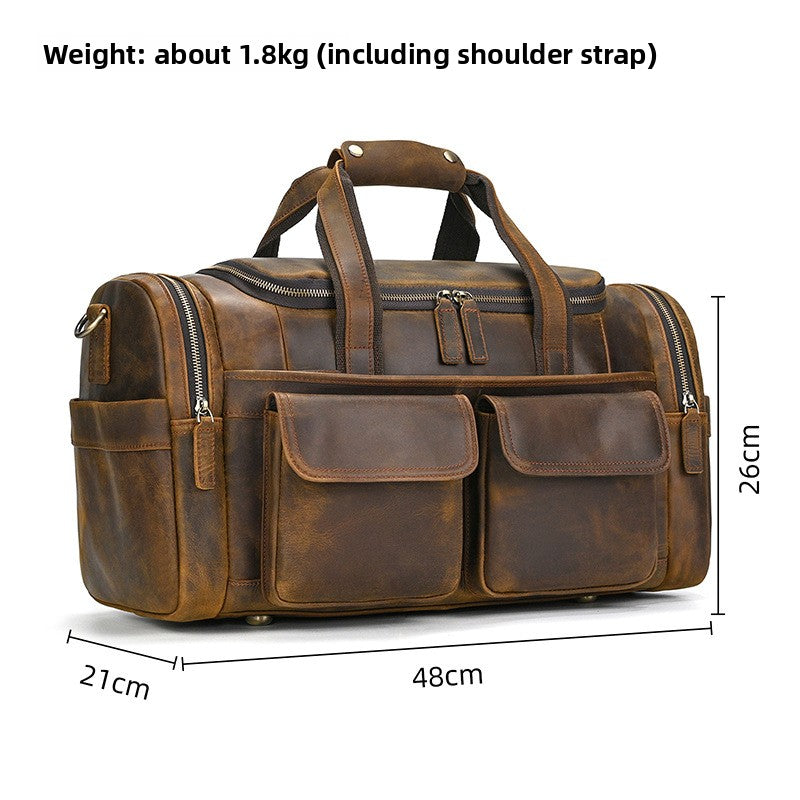 Large Capacity Crazy Horse Leather Travel Duffle, Top Handle Crossbody Business Bag, Premium Cowhide Luggage for Men