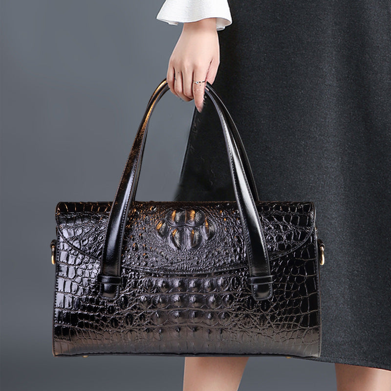 New Arrival Croc-Effect Genuine Leather Boston Pillow Bag for Women, A Fashionable Shoulder Crossbody Top-Handle Handbag Perfect for Moms