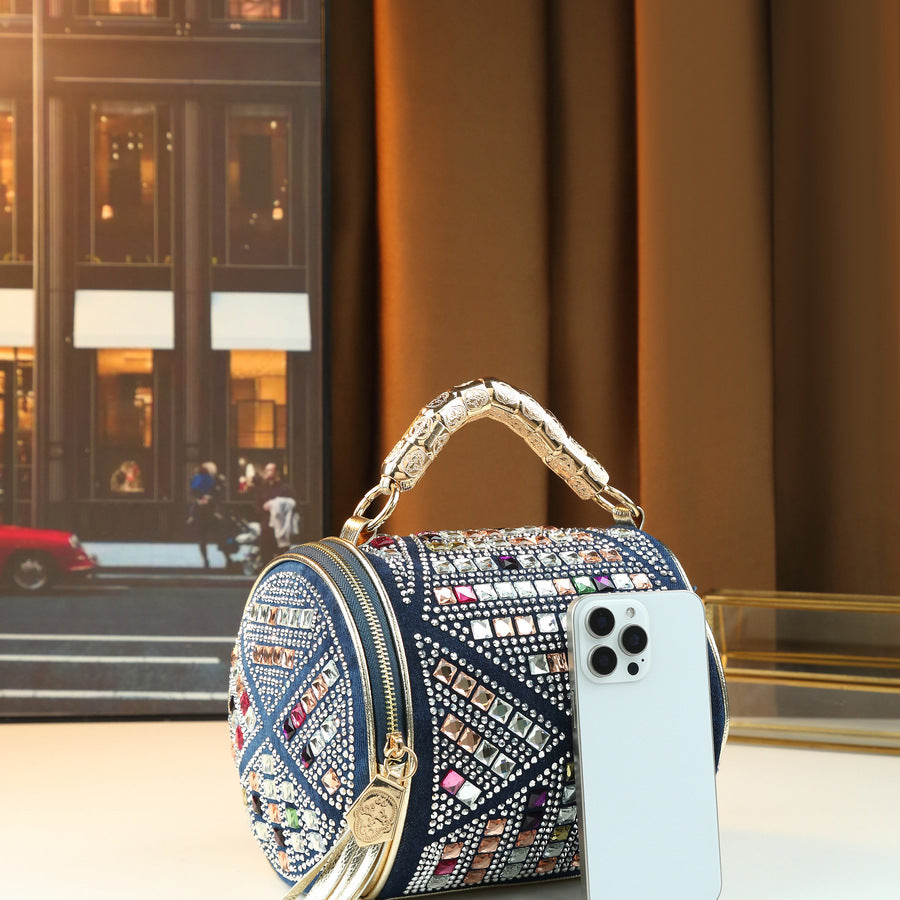 New Spring/Summer Colorful Rhinestone Cylinder Bag for Women, A Spring/Summer American Style Woven Shoulder Crossbody Handbag with Sparkly Design