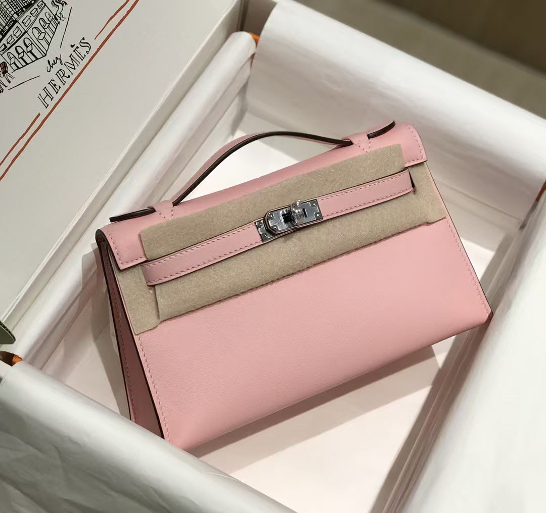 Genuine Swift Leather Mini Kelly-Style Bag for Women, 2025 Spring Summer Hermès-Inspired Top Handle Chain Shoulder Purse, Light Luxury Everyday Handbag for Ladies