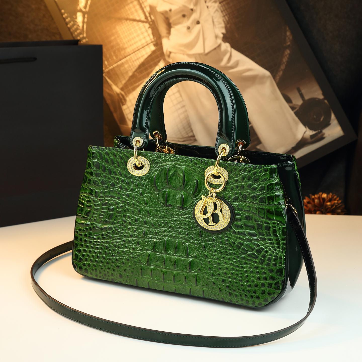 New Arrival Lady-Inspired Patent Croc-Effect Bag for Women, A Rhinestone-Embellished Shoulder Crossbody Top-Handle Handbag with Glamorous Design