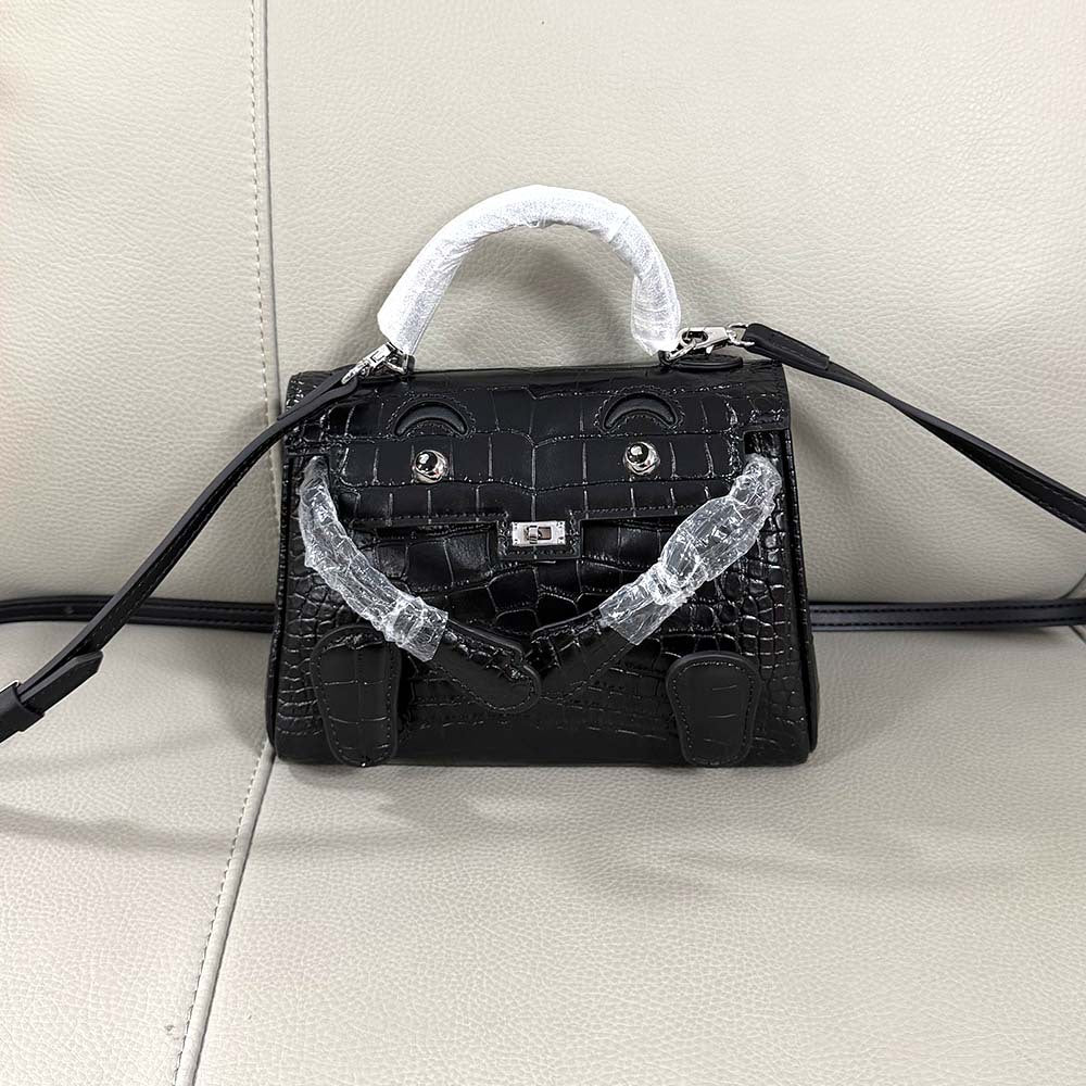 Genuine Leather Crocodile-Embossed Smiley Face Kelly-Style Bag for Women, New Millennium Doll Small Square Crossbody Shoulder Purse, Trendy Handbag for Ladies