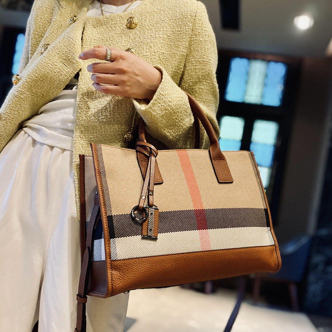 New Premium Leather Trim Plaid Tote Bag, Large Capacity Casual Shoulder Handbag, Fashionable Everyday Purse for Women