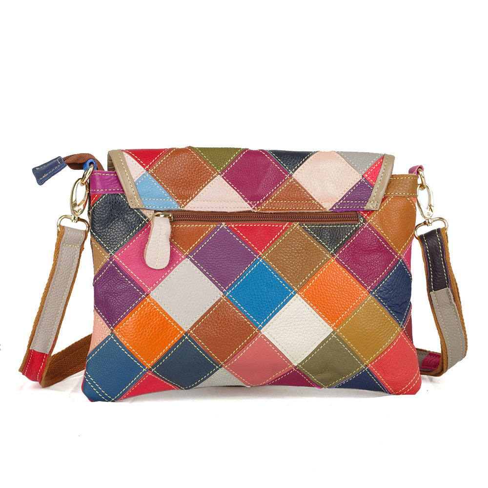 Genuine Leather Colorful Patchwork Envelope Bag for Women, Handmade Crossbody Shoulder Small Purse, Unique Designer Handbag for Ladies