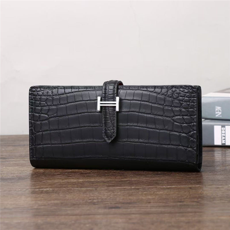 Premium Men's Matte Croc-Effect Long Bi-Fold Wallet, Business Suit Clutch with Multi-Card Slots & Genuine Leather, Versatile Casual Handbag