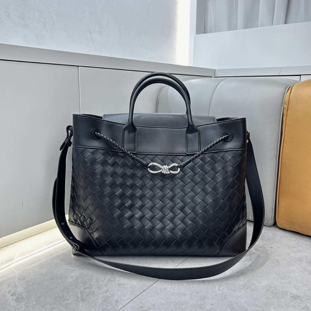 Cowhide Woven Large Tote with Silver Butterfly Buckle, Unisex Shoulder & Crossbody Bag