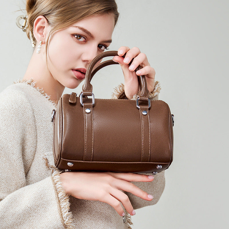 Genuine Top Layer Vegetable-Tanned Cowhide Boston Pillow Bag for Women, Large Capacity Commute Shoulder Crossbody Small Purse, Casual Everyday Leather Handbag for Ladies