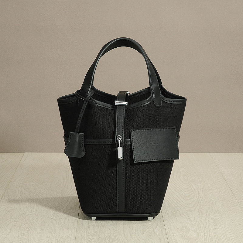 Genuine Smooth Cowhide Canvas Patchwork Bucket Bag for Women, Waxed Thread Stitched Top Handle Crossbody Basket Purse, Casual Tote Handbag with Pocket Detail for Ladies