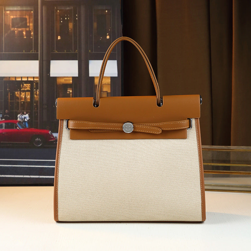 New Arrival Casual Large Canvas Tote Bag for Fall/Winter, A Contrast Color Top-Handle Commuter Shoulder Handbag with Elegant Kelly-Inspired Style