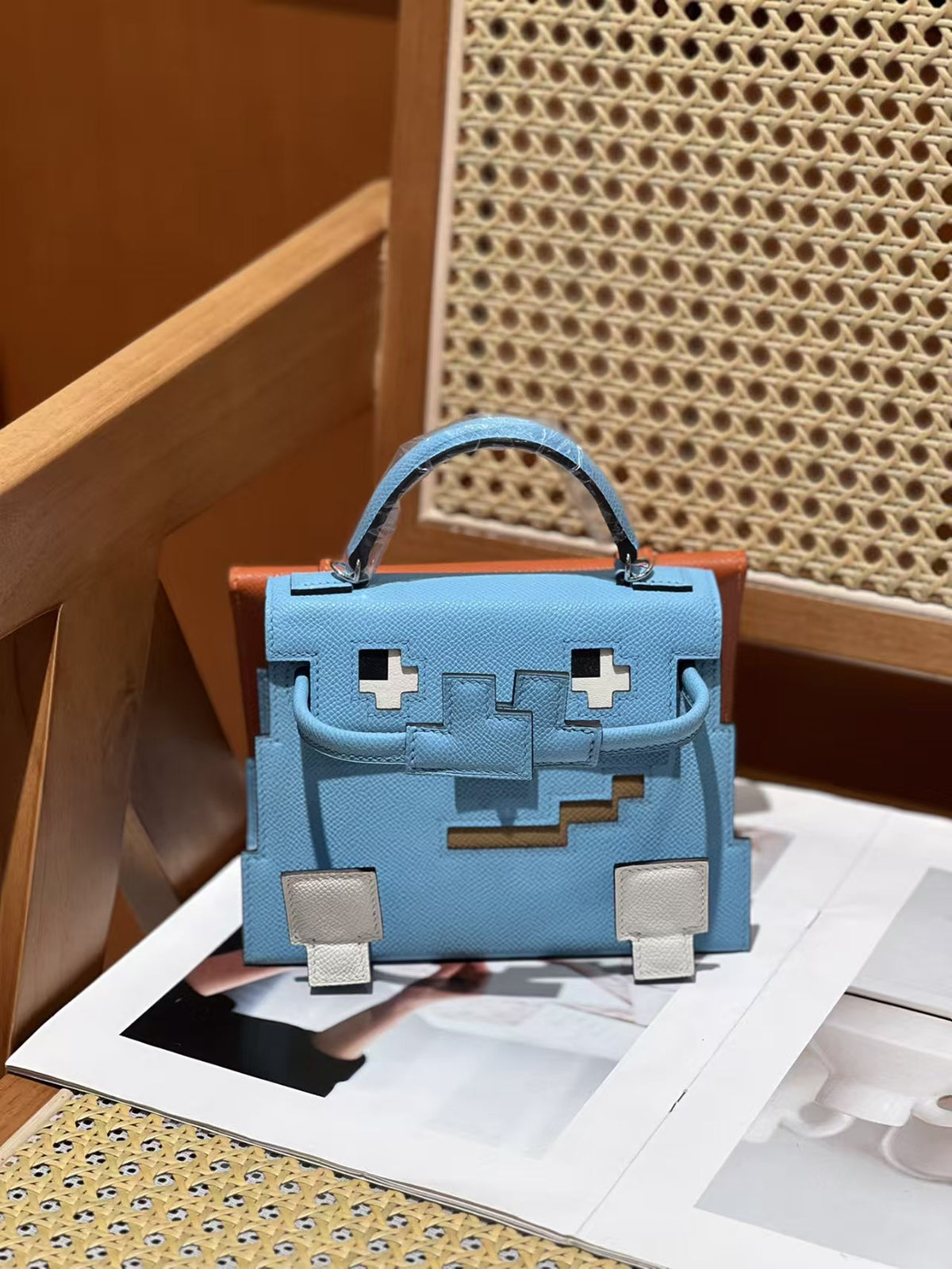 Mini Robot Doll Cross-Body Bag for Women, Hermès-Inspired Mosaic Pattern Bag with Vintage Lock, Epsom Leather Kelly-Style Shoulder Purse, Cute Novelty Handbag for Daily Wear