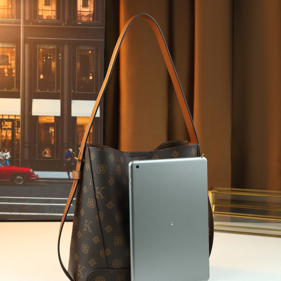 Vintage Monogram Bucket Bag for Women Large Capacity Shoulder Crossbody Handbag, Classic Logo Print Purse with Stylish Everyday Appeal