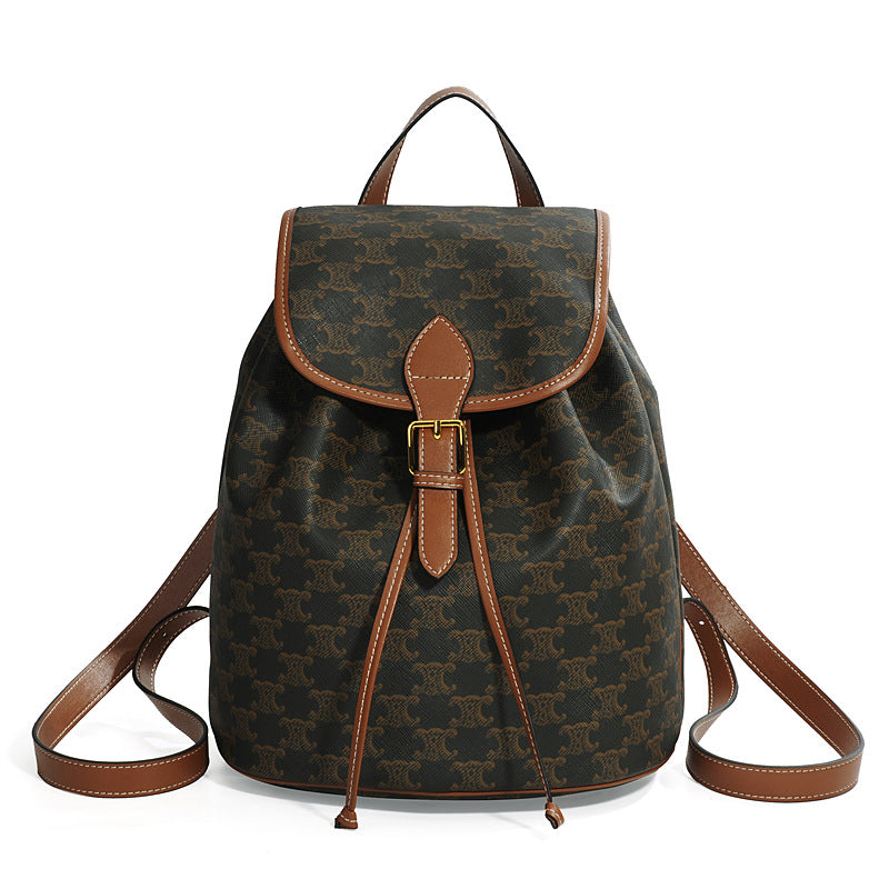 Genuine Leather Arc de Triomphe Drawstring Backpack for Women, New Spring Vintage Monogram Light Luxury Top Handle Bag, Trendy Casual Shoulder Purse for Ladies
