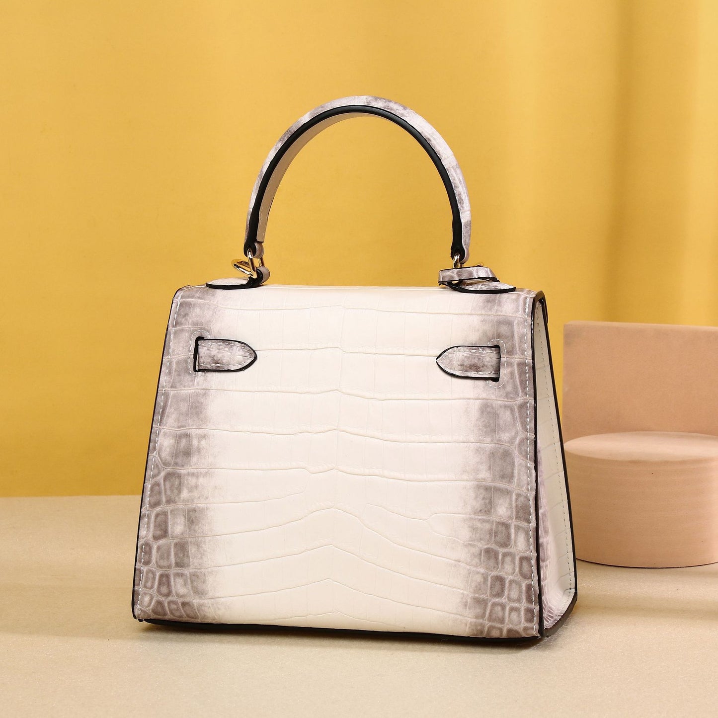 New Arrival 25cm Kelly-Inspired Croc-Effect Bag in Himalayan White for Women, A Premium Top-Handle Crossbody Shoulder Handbag with Fashionable Design