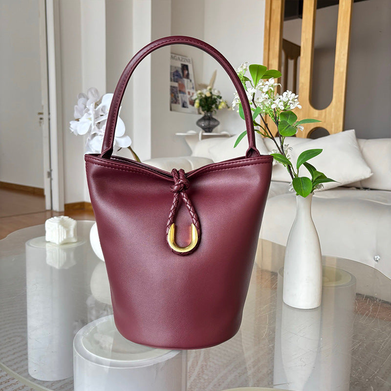 Genuine Cowhide Handwoven Bucket Bag with U-Buckle, New Vintage Shoulder Crossbody Top Handle Purse, Premium Handwoven Handbag for Ladies
