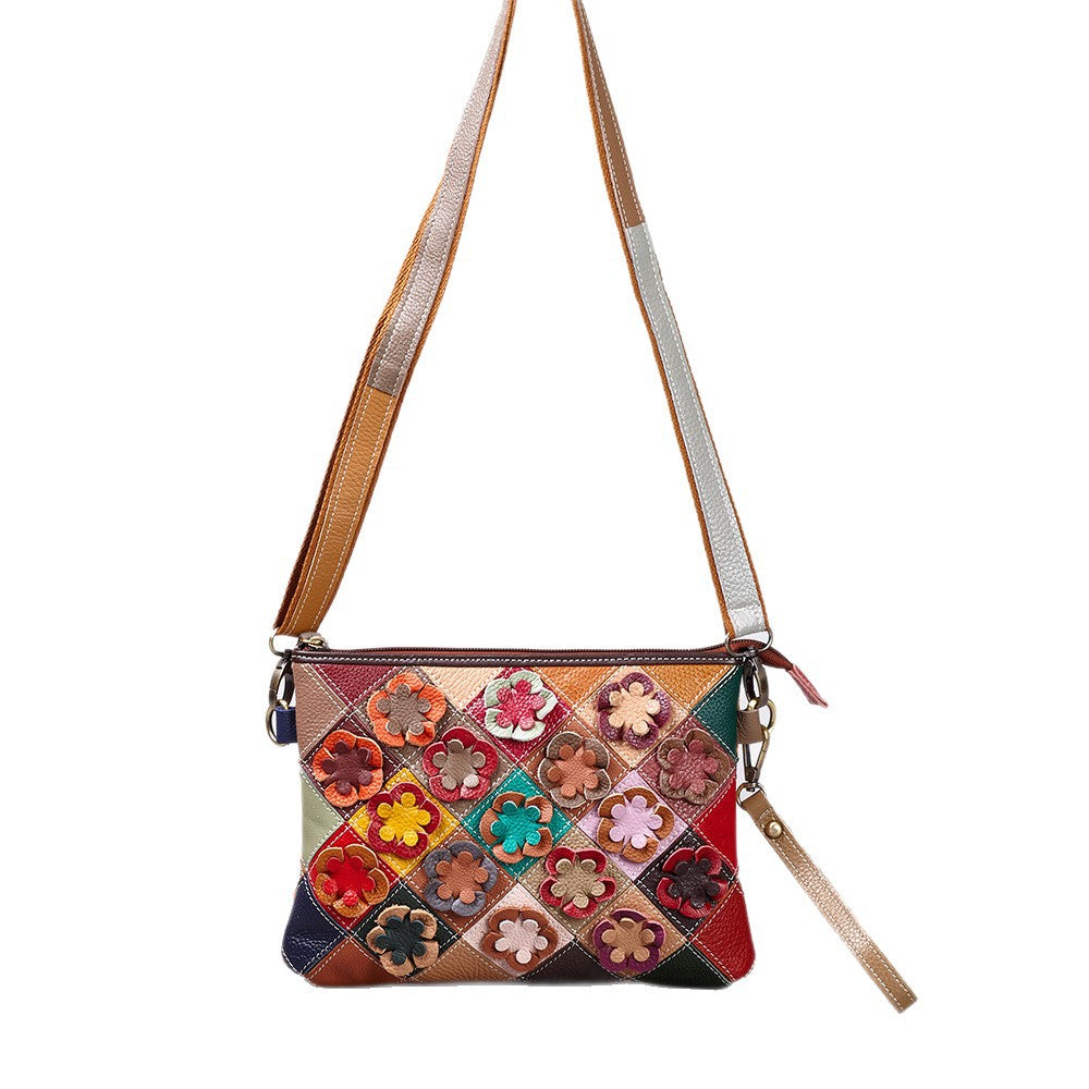 New Colorful Patchwork Phone Bag in Top Layer Cowhide, Trendy Small Square Shoulder Crossbody Purse, European Style Commute Handbag for Women