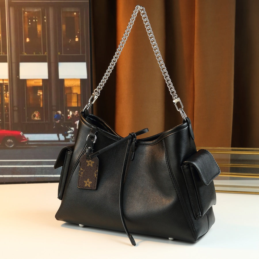 Black Samurai Chain Tote Bag for Women Large Capacity Commuter Shoulder Crossbody Handbag, Premium Versatile Purse with Edgy Hardware Detail