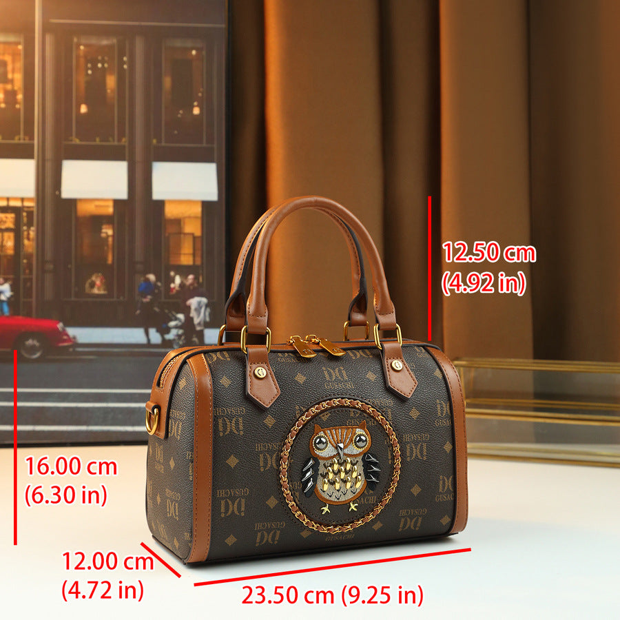 Owl Letter Print Studded Pillow Bag for Women Vintage American Style Shoulder Handbag, Unique Design Purse with Edgy Hardware Accents