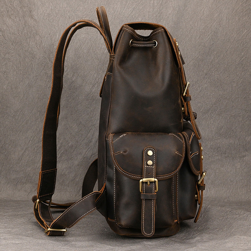 Large Capacity Crazy Horse Leather Flap Backpack, Original Outdoor Travel Daypack, Unique Top Layer Cowhide Rucksack for Men