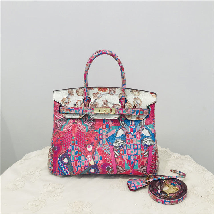 Genuine Leather Graffiti Print Birkin-Style Handbag for Women, New Casual Top Handle Shoulder Crossbody Purse, European Classic Trendy Tote Bag for Ladies