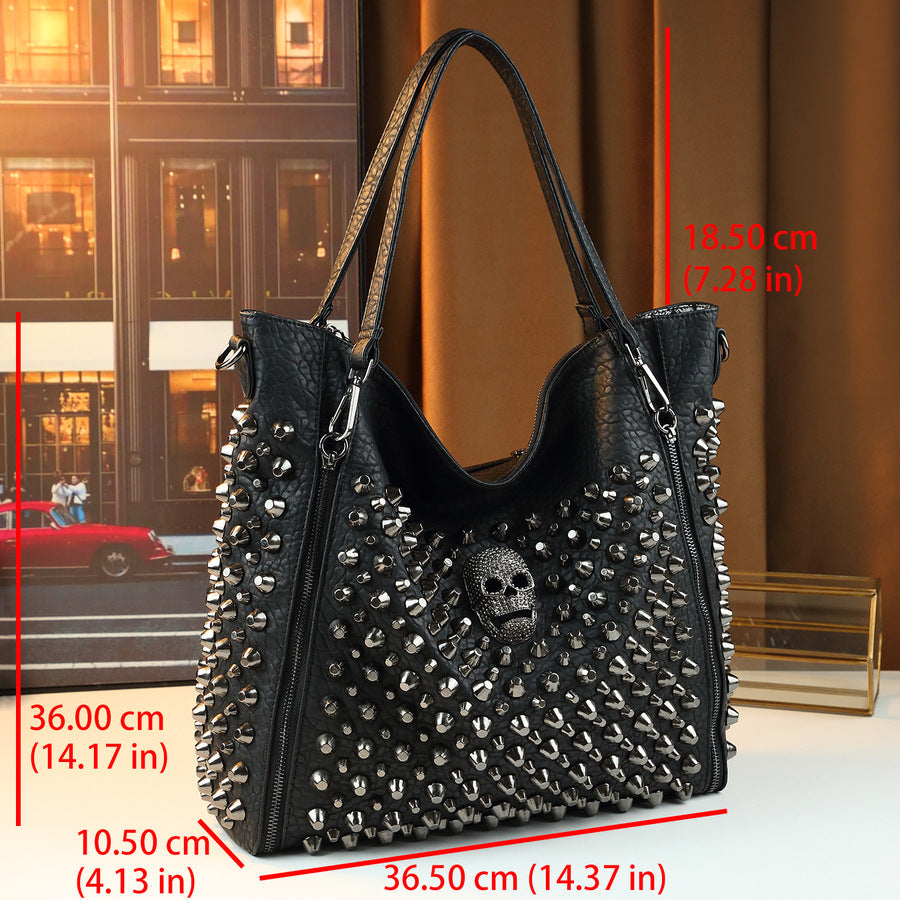 Studded Skull Bucket Tote Bag for Women Halloween Gothic Design Large Capacity Shoulder Handbag with Edgy Stud Hardware Accent