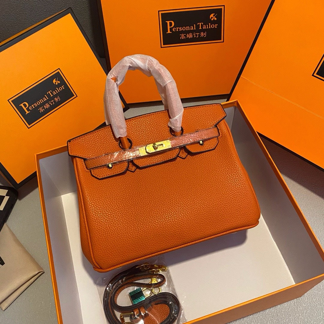Genuine Pebbled Leather Birkin-Style Gold Hardware Large Capacity Handbag for Women, European Fashion Top Handle Purse, Trendy Casual Tote Bag for Ladies