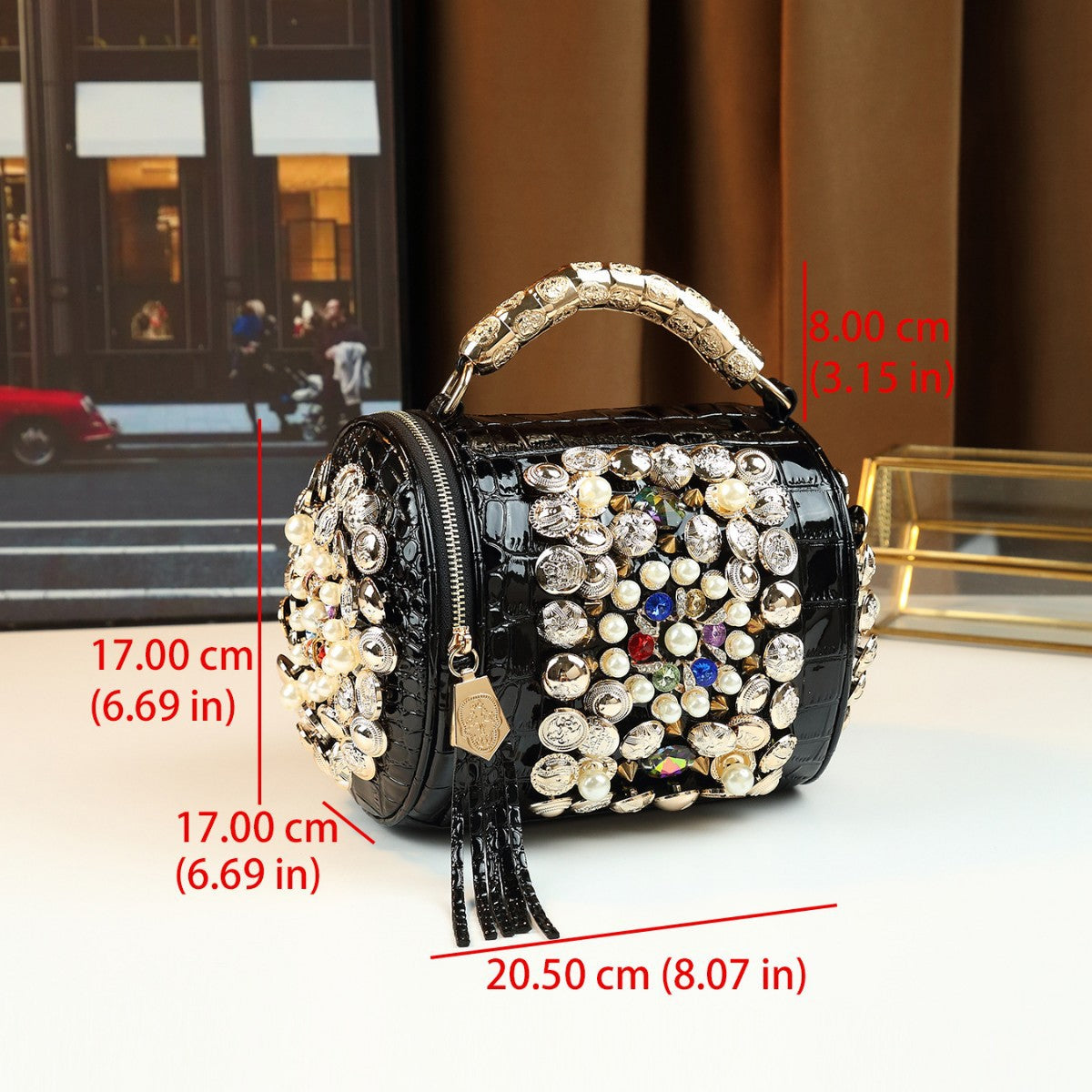 Handmade Beaded Stud Cylinder Bag for Women Shoulder Crossbody Handbag, Personality Fashion Purse with Unique Embellished Design