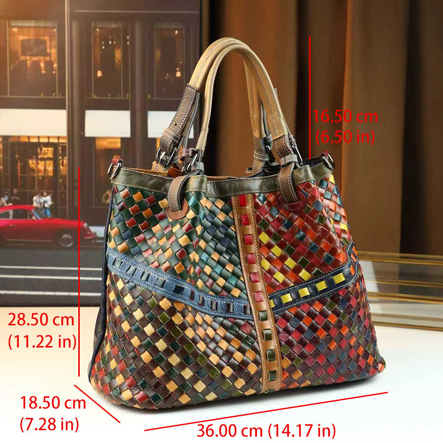 Vintage Woven Tote Bag for Women Top Layer Cowhide Large Capacity Shoulder Crossbody Handbag, Fashion Purse with Artisan Texture