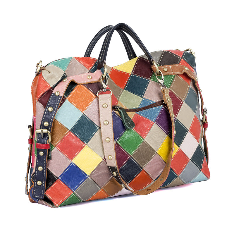 Genuine Top Layer Cowhide Color Block Studded Tote Bag for Women, Vintage Versatile Shoulder Crossbody Top Handle Purse, Trendy Casual Handbag for Ladies