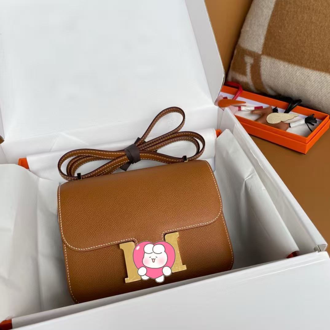 Genuine Top Layer Cowhide Epsom Palm Texture Constance-Style 19cm Bag for Women, 2025 Hermès-Inspired Crossbody Shoulder Top Handle Small Square Purse, Trendy Handbag for Ladies