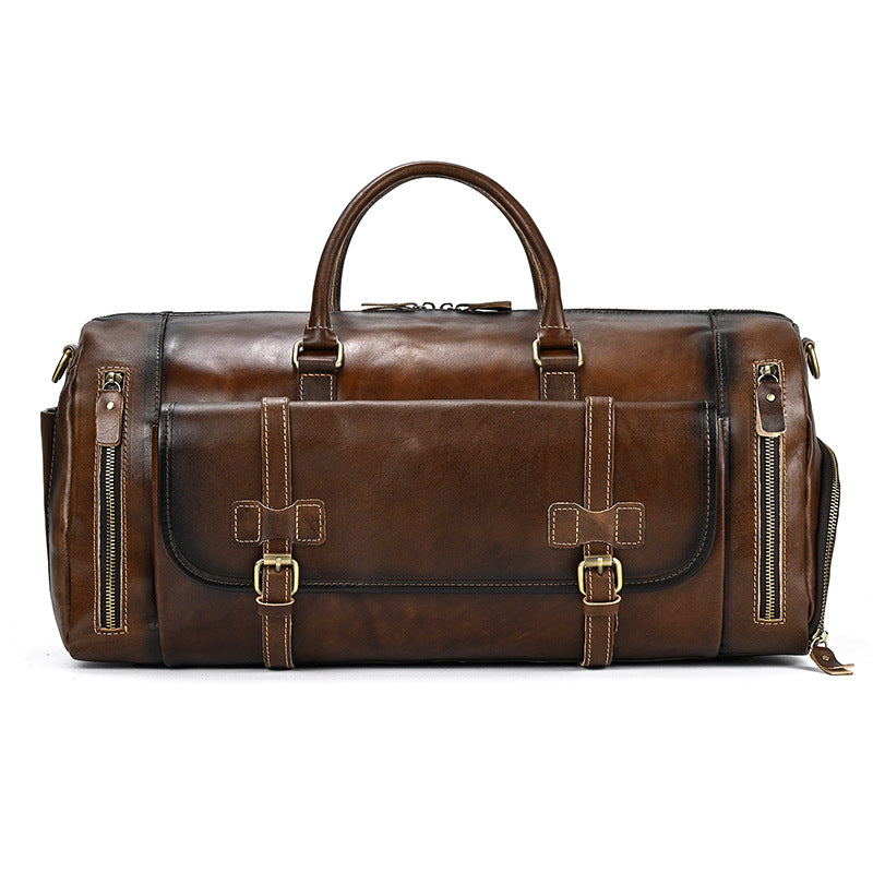 Vintage Burnished Leather Travel Duffle with Shoe Compartment, Large Capacity Gym Weekender, Fashionable Cowhide Luggage Bag for Men
