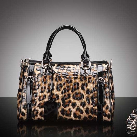 Premium Boston Bag in Genuine Cowhide, Leopard Print Large Capacity Top Handle Crossbody Purse, Stylish Handbag for Women