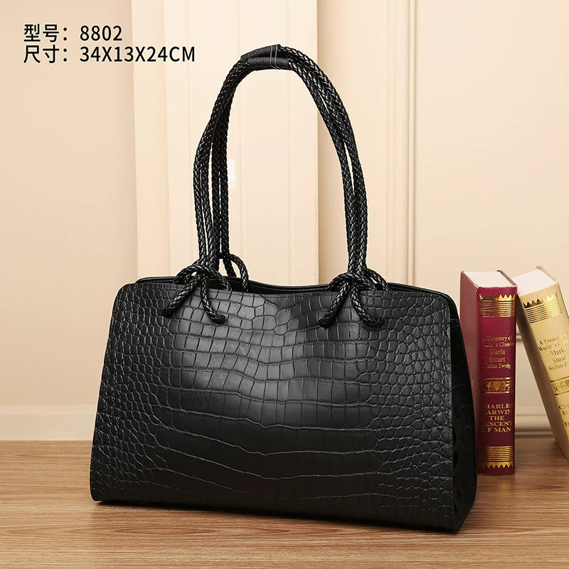 Genuine Leather Crocodile Embossed Woven Tote Bag for Women Large Capacity Shoulder Handbag, Travel Mommy Bag with Basket Style Design